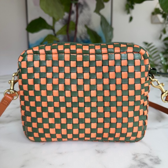 Clare V Midi Sac Safari Green & Coral Orange Woven Leather Checker Crossbody Bag - Picture 3 of 16